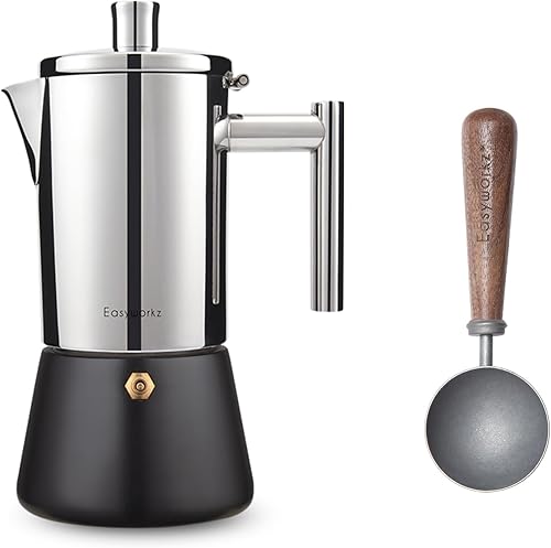 Easyworkz Diego - Cafetera de café expreso de acero inoxidable de 6 tazas de 10 onzas, con cuchara de café retro de acero inoxidable con mango de