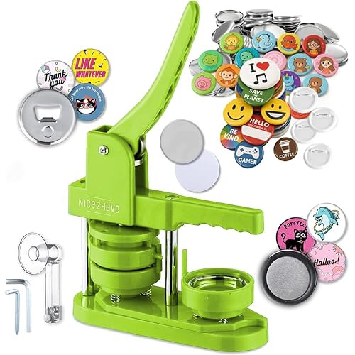 Button Maker Machine 2.25 Inch Pin Maker Kit - Single Mold, 100 Buttons, 5 Fridge Magnets, 5 Bottle Openers, Cutters, and 500+ Button Designs for DIY Crafts (Green)