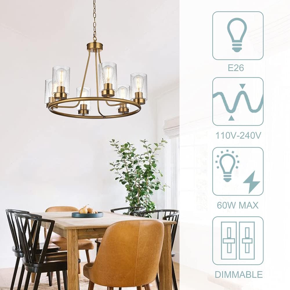 WINSHEN 6-Light Round Dining Room Light Fixture Hanging in Brushed Brass Finish, 25-Inches Diameter Farmhouse Rustic Chandelier Lighting with Seeded Glass Shade for Kitchen Island Bedroom Hallway - - 