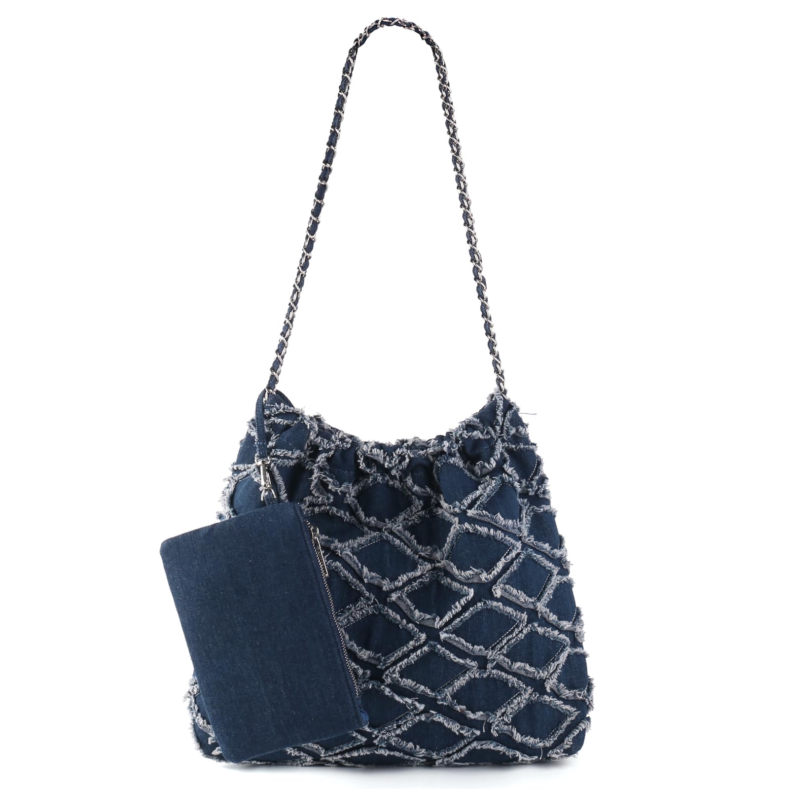 DSGUTWO Denim Tote Bag for Women, Chain Shoulder Bag Hobo Handbags, Large Quilted Top Handle Satchel Purse with Wallet