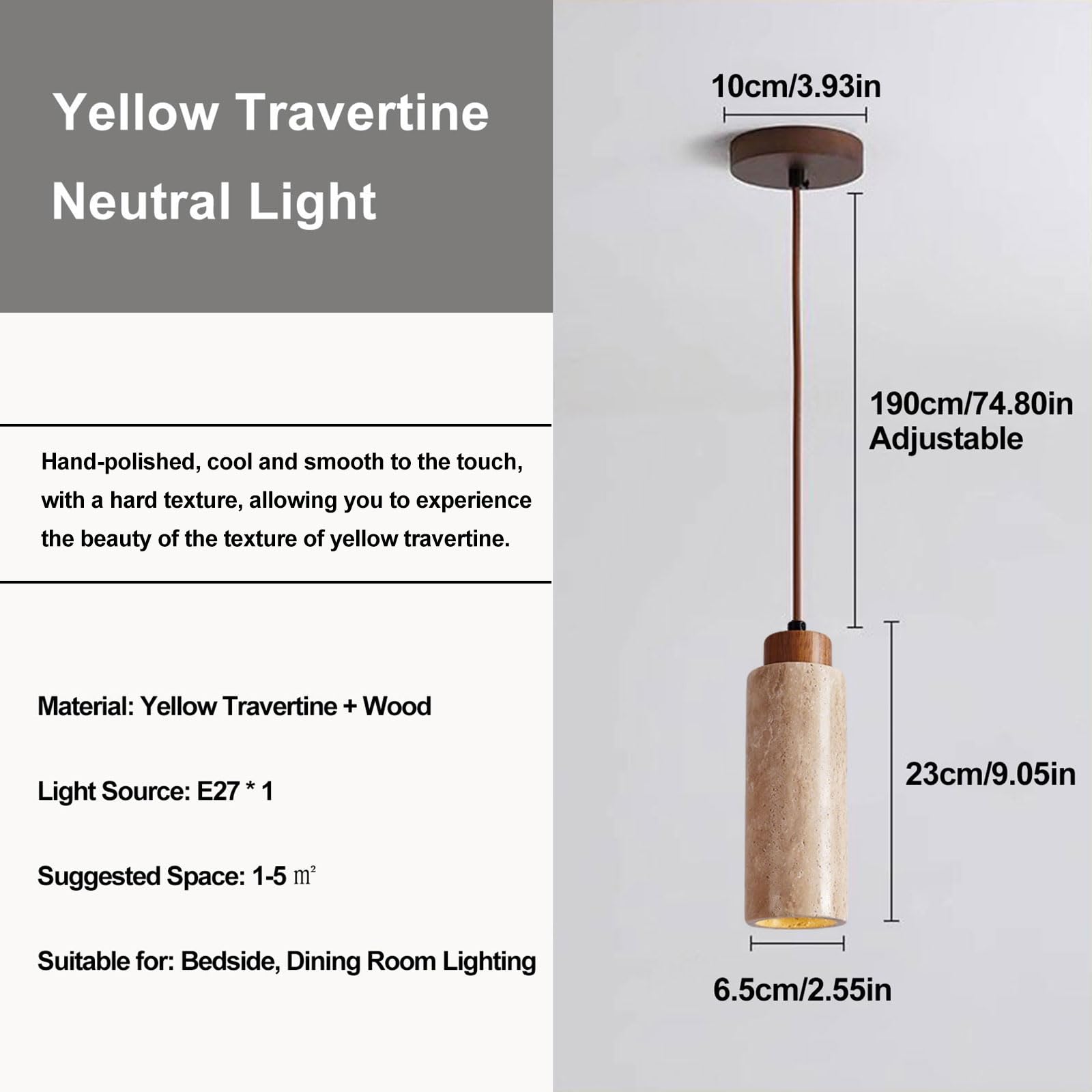 IOEDHW Lampada Sospensione in Marmo Giallo Mini Lampada Cilindro in Pietra Naturale Stile Wabi-Sabi Ideale per Isola Cucina Sala Pranzo Camera da Letto e Bar Luce Calda Compatibile con Attacco