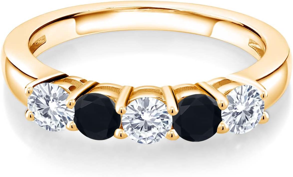 Gem Stone King 18K Yellow Gold Plated Silver Lab Grown Diamond and Black Onyx 5-Stone Alternate Wedding Band Ring For Women | 0.77 Cttw | Round 3.5MM | Wedding Engagement Anniversary Ring