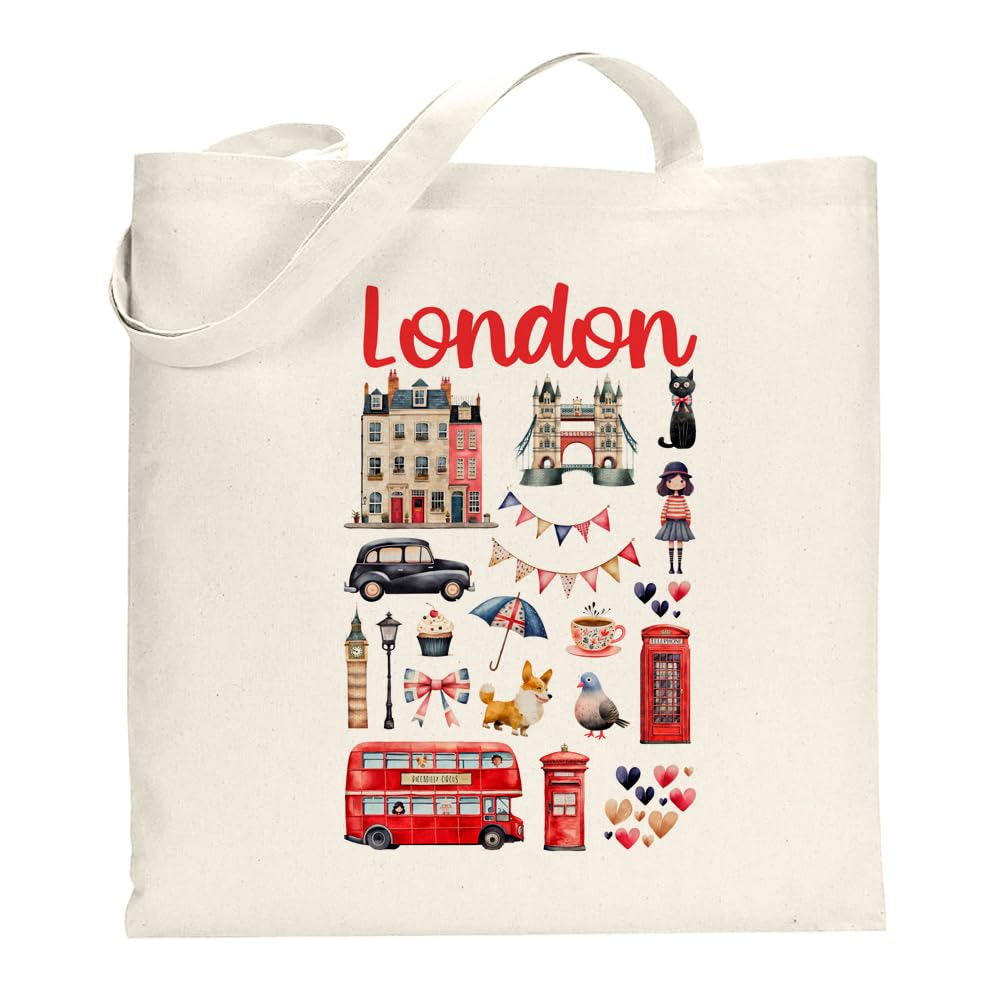 EnvyFone London Tote Bag - Stylish Long-Handled Shoulder Bag - Novelty Gift with Bus Black Cab Big Ben - Perfect Present Holiday Adventure Souvenir