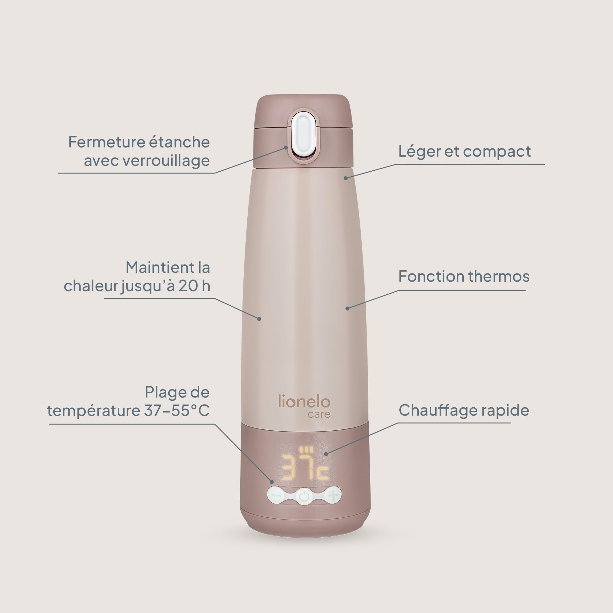 Lionelo Thermup Bottle Chauffe-Biberon Sans Fil 350 ml, Thermos Portable | 150 ml chauffés de 20 à 37°C en 3,5 min, 5 températures 37–55 °C, maintien au chaud jusqu’à 20 h, fermeture étanche, léger