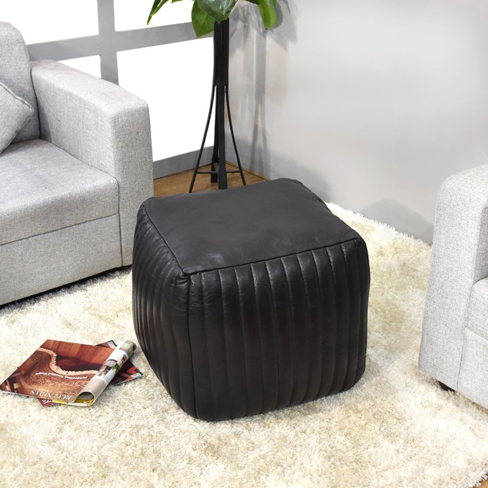 BBHHOMES Handmade Eco-Friendly Solid Leather Pouf Black Color Square 18