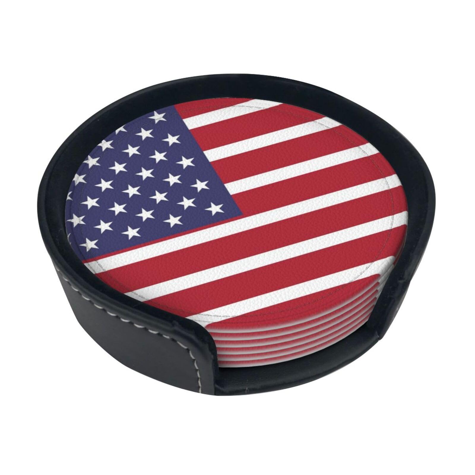 Flag of the United States Leather Coasters-Set of 6 with Storage Holder