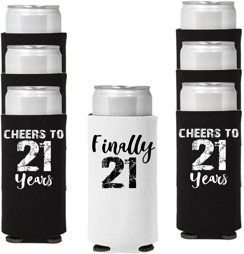 Veracco Finally 21 Cheers to 21 Years Twenty First Slim Can Coolie Holder 21st Birthday Gift Party Favors Decorations (Black/White, 12)
