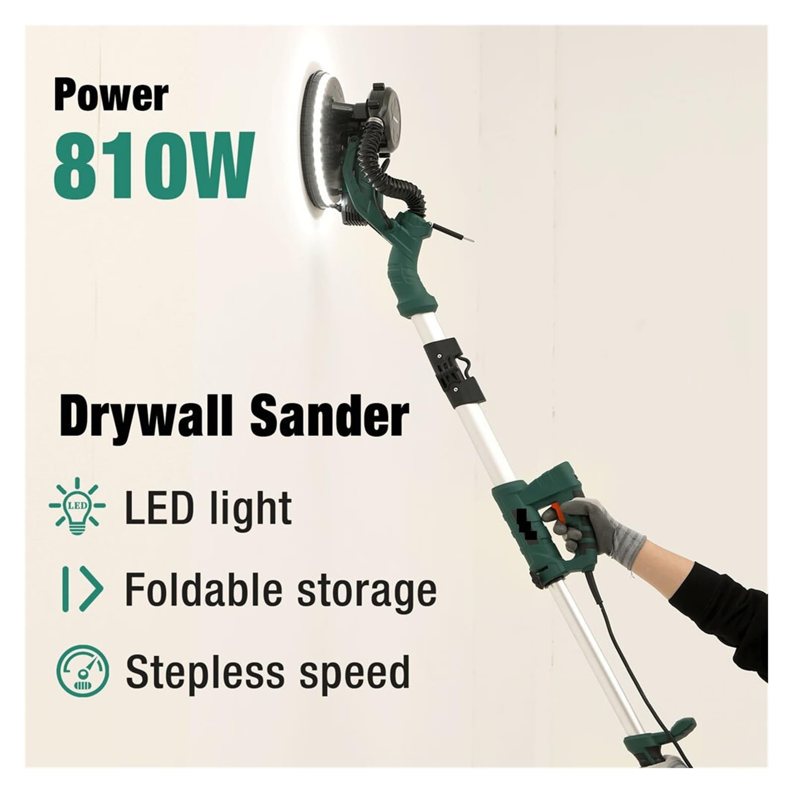 Lijadora eléctrica for paneles de yeso 215MM, pulidora pared poste, lijadora seca 810W, tira luces LED, lijado for el hogar Altamente Eficiente