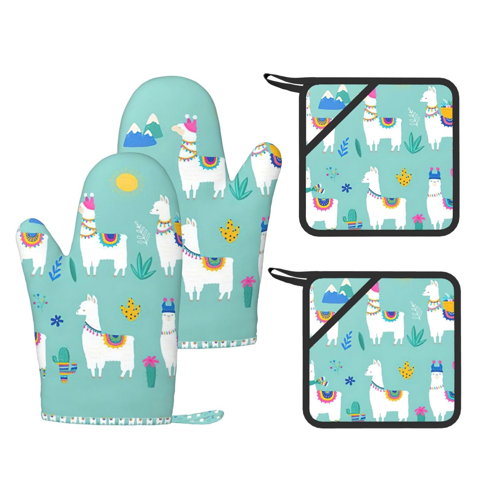Alpaca Llama Printed Oven Gloves and Hot Pads Set of 4, High Heat Resistant Silicone Mitts for Cooking BBQ