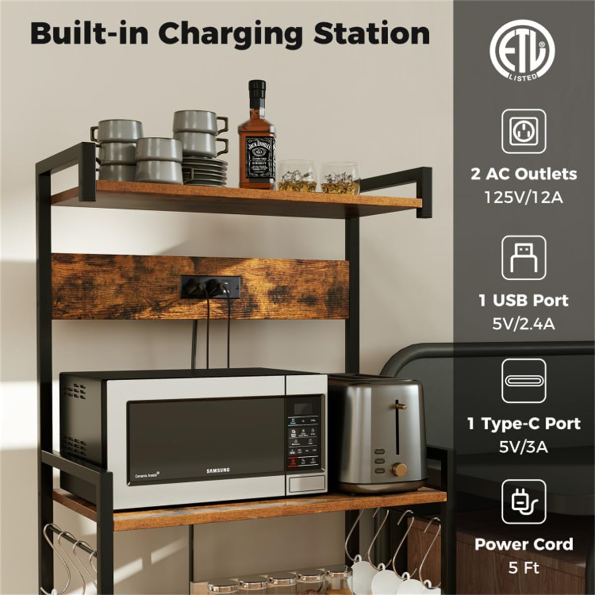 Bakers Rack with Power Outlet, Microwave Stand with 8 Hooks, Shelves & Cabinet Door, Rustic Brown Coffee Bar Cabinet Organizer for Kitchen Dining Room Living Room
