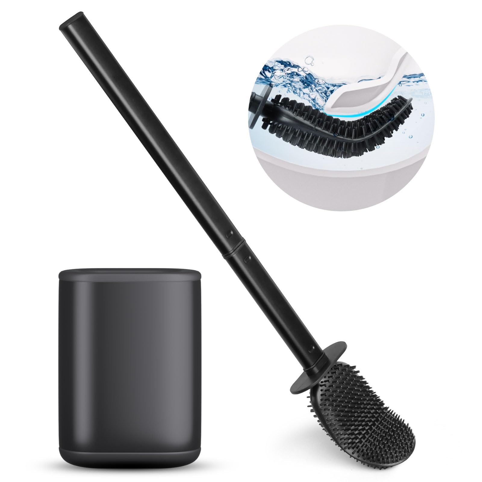 APTMAPT Escobillas de Baño Silicona y Soporte de Acero Inoxidable, Escobilla WC de Secado Rápido con Base Extraíble, para Coloca en el Suelo o en la Pared, Incluye 2 Adhesivos de Pared, Negro