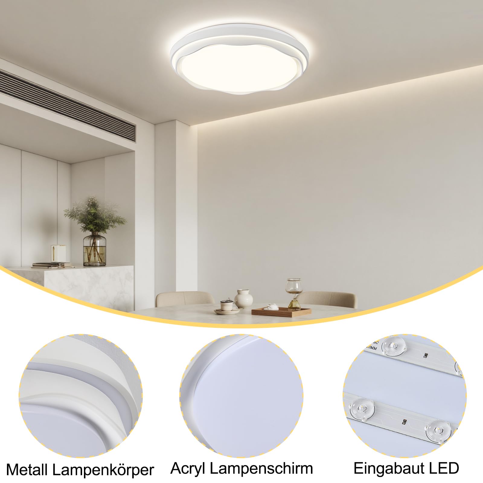 Qamra 49cm Lámpara Techo LED de, Lámpara de Techo Acrilico Blanca Redondo | Plafon Led Techo Moderna, Estilo Minimalist para Salone, Dormitorio, Cocina, Entrada, despacho