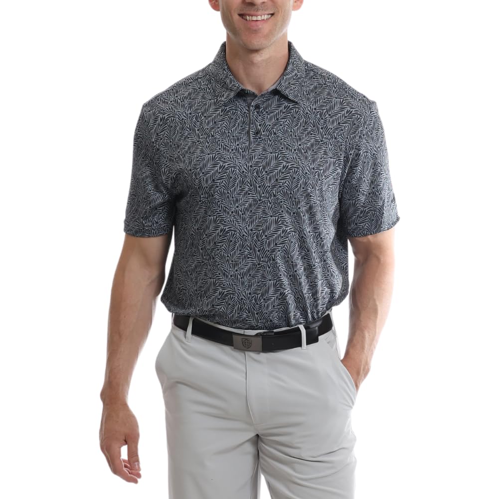 Under Par Men's Golf Polo Breathable Moisture Wicking Quick Dry Stretch Short Sleeve All Over Fern Print Golf Polo Shirt, 2386 - Grey, XXL