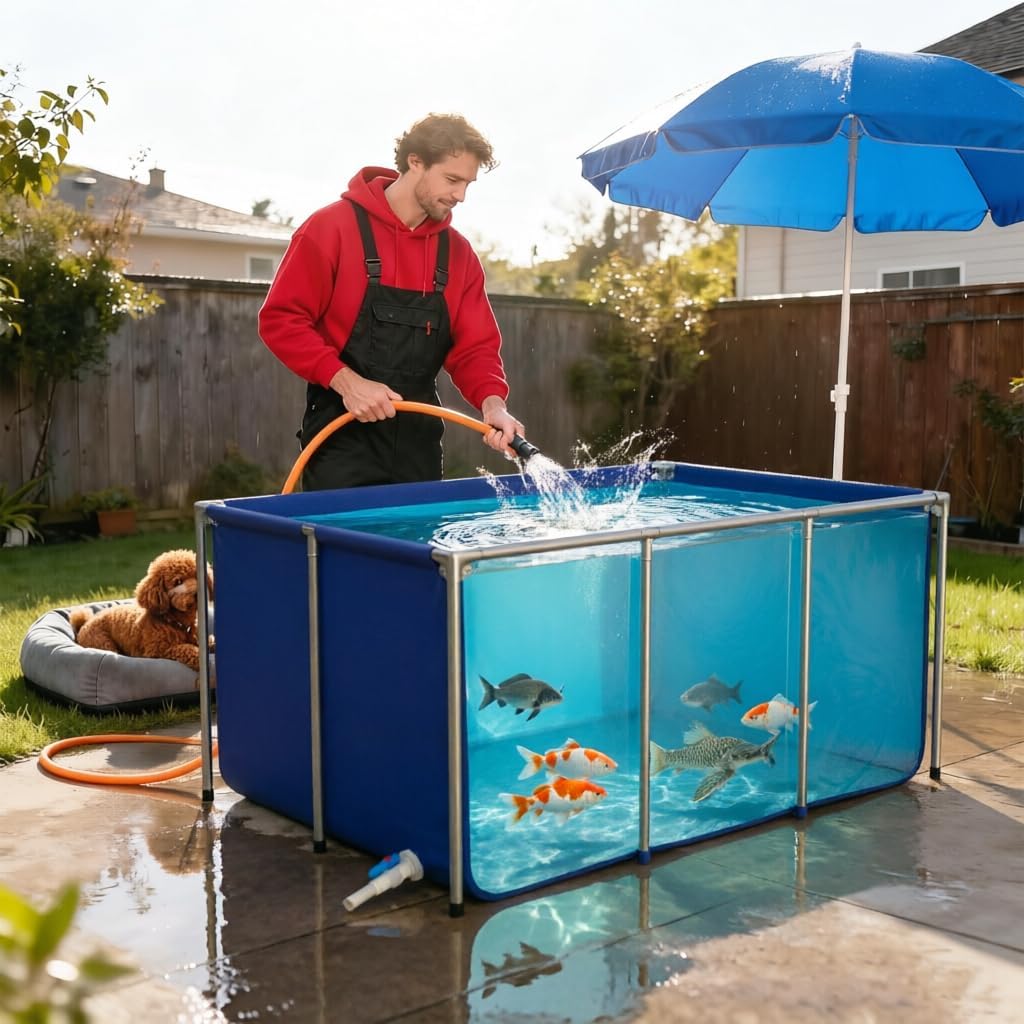 Aquarium Pool Pond,Collapsible Fish Ponds 152 Gallon Fish Tank,PVC Canvas Above Ground Pond,Indoor/Outdoor Pond for Koi,Goldfish,with Drain Valve (47x32x24in)