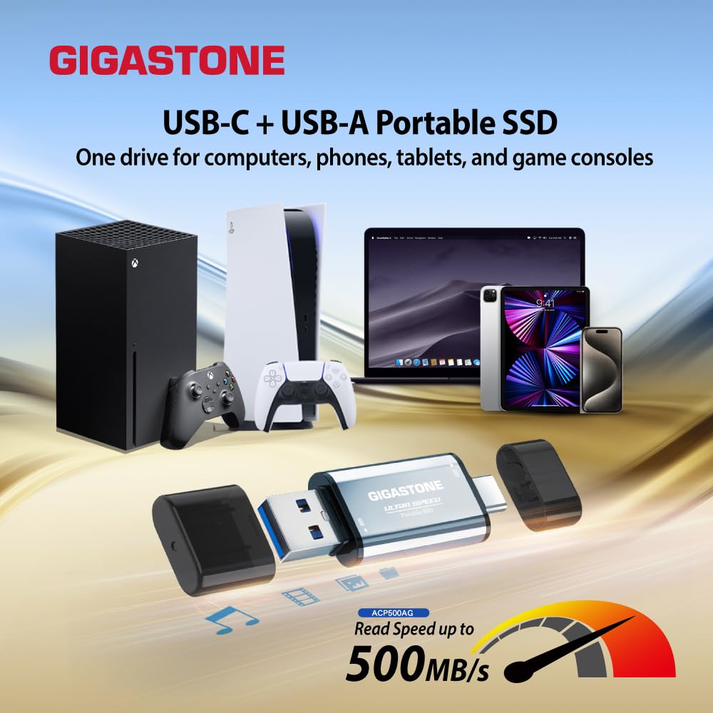 GIGASTONE Disco duro externo SSD 512 GB (2 unidades) USB A+C hasta 500 MB/s para PS5 iPhone16 4K 60 fps ProRes USB3.2 Gen2 - Disco duro portátil para MacBook iPad PlayStation Xbox Duo Go