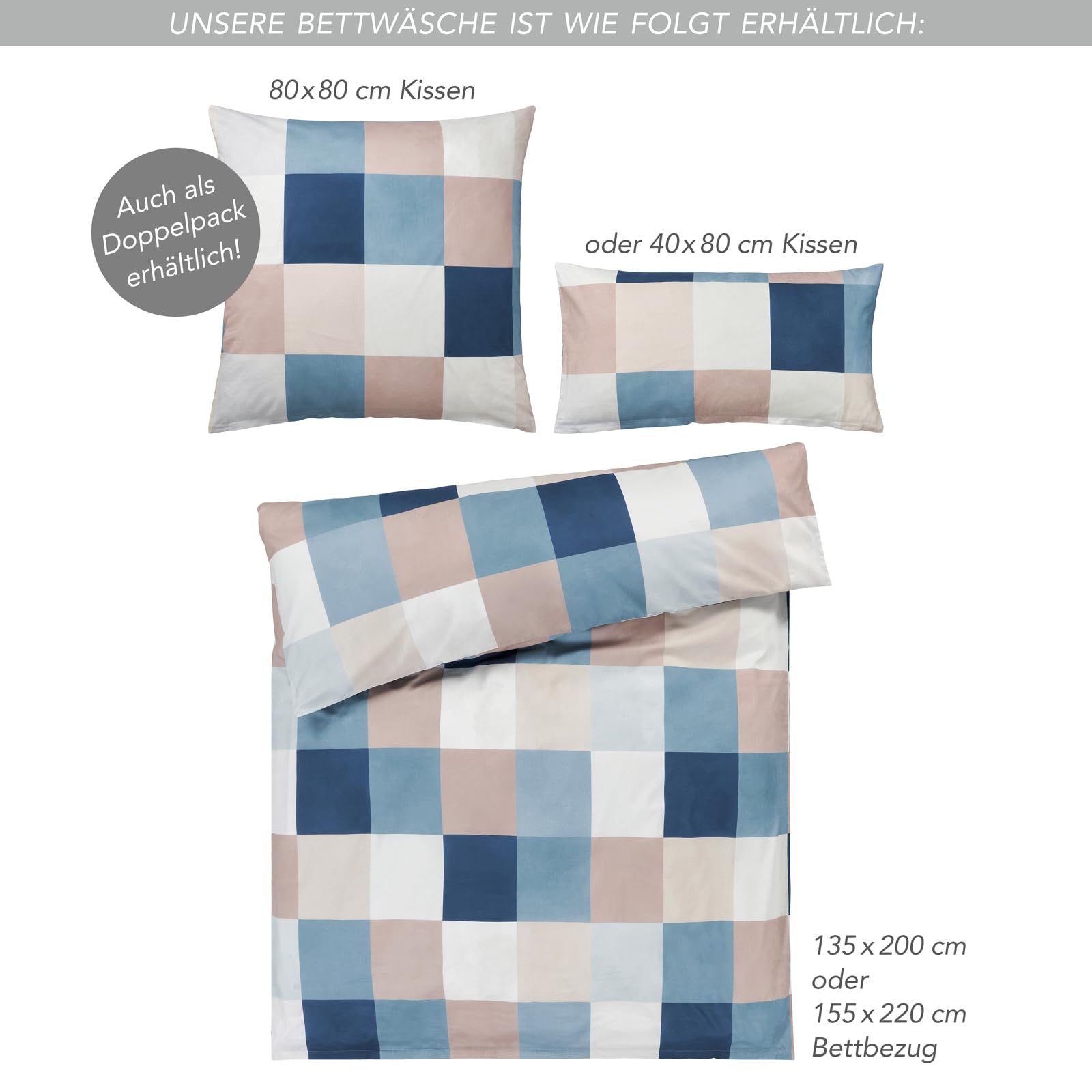 Pure Label Karierte Bettwäsche Set 4tlg 155x220 40x80 blau aus Baumwolle | Waschbar bei 60∘C - Atmungsaktiv für Sommer & Winter - pflegeleicht