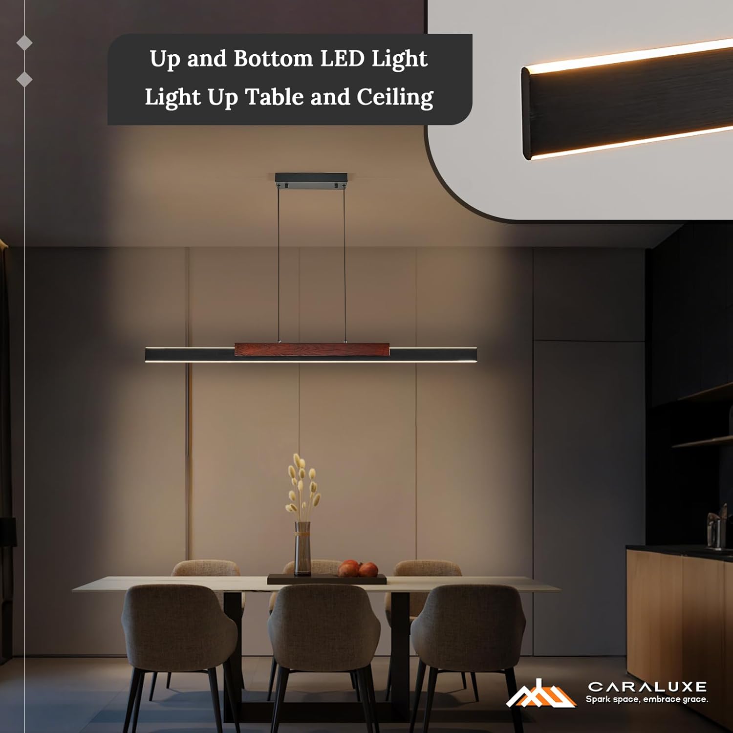Modern LED Linear Pendant Lights 52 inch LED Chandelier Lighting for Home Office Black and Wood Dining Room Hanging Light Fixture Modern Dimmable Kitchen Island Lighting