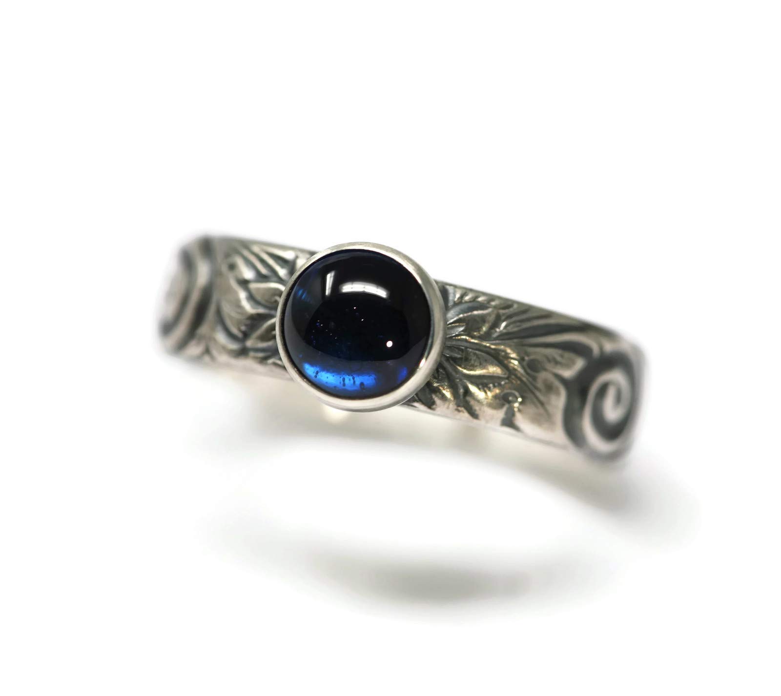 Salish Sea Inspirations 6mm Created Blue Sapphire Ring Flower Pattern Vintage Silver