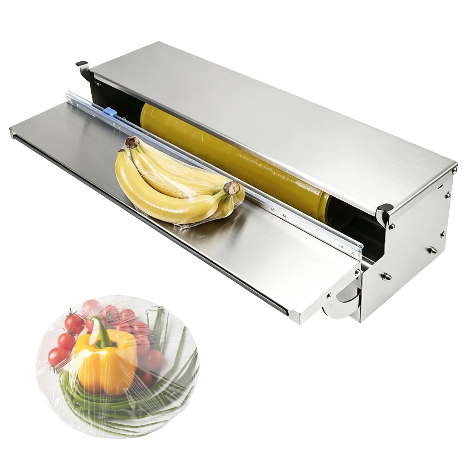 Folienspender Edelstahl (50cm) mit Frischhalte & Alufolie Hygienisch- staubdicht- Plastic Wrap Dispenser mit Cutter-5 Ersatzklingen