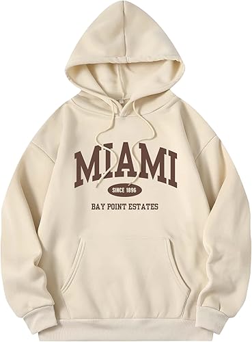 COZYEASE Women's Letter Graphic Print Hoodies Drop Shoulder Sweatshirt Vintage Long Sleeve Pullover Tops Apricot S