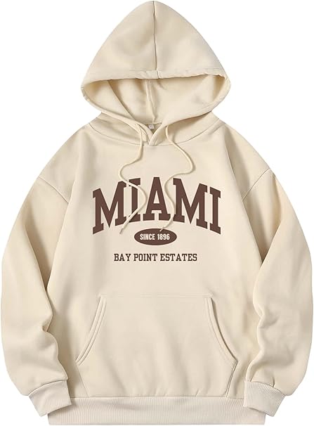 COZYEASE Women's Letter Graphic Print Hoodies Drop Shoulder Sweatshirt Vintage Long Sleeve Pullover Tops Apricot S