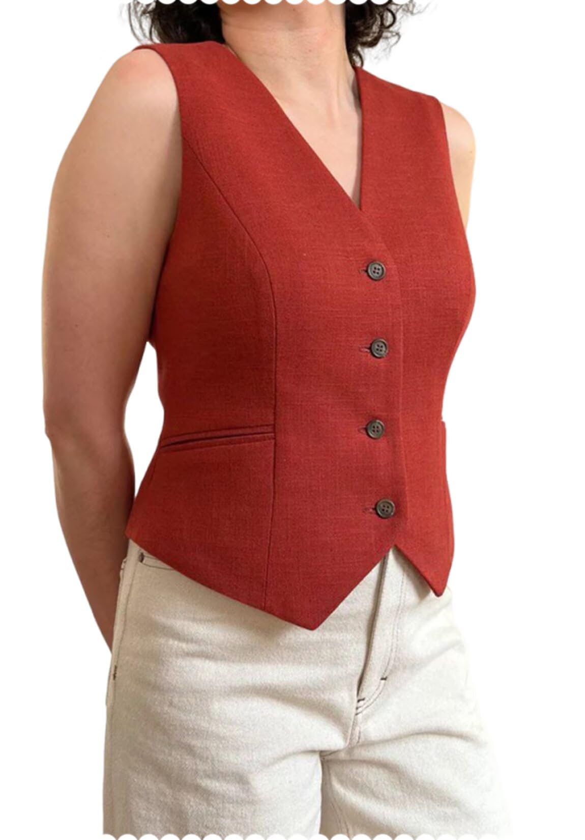 Womens Linen Vest Sleeveless Button Down V Neck Casual Summer Waistcoat
