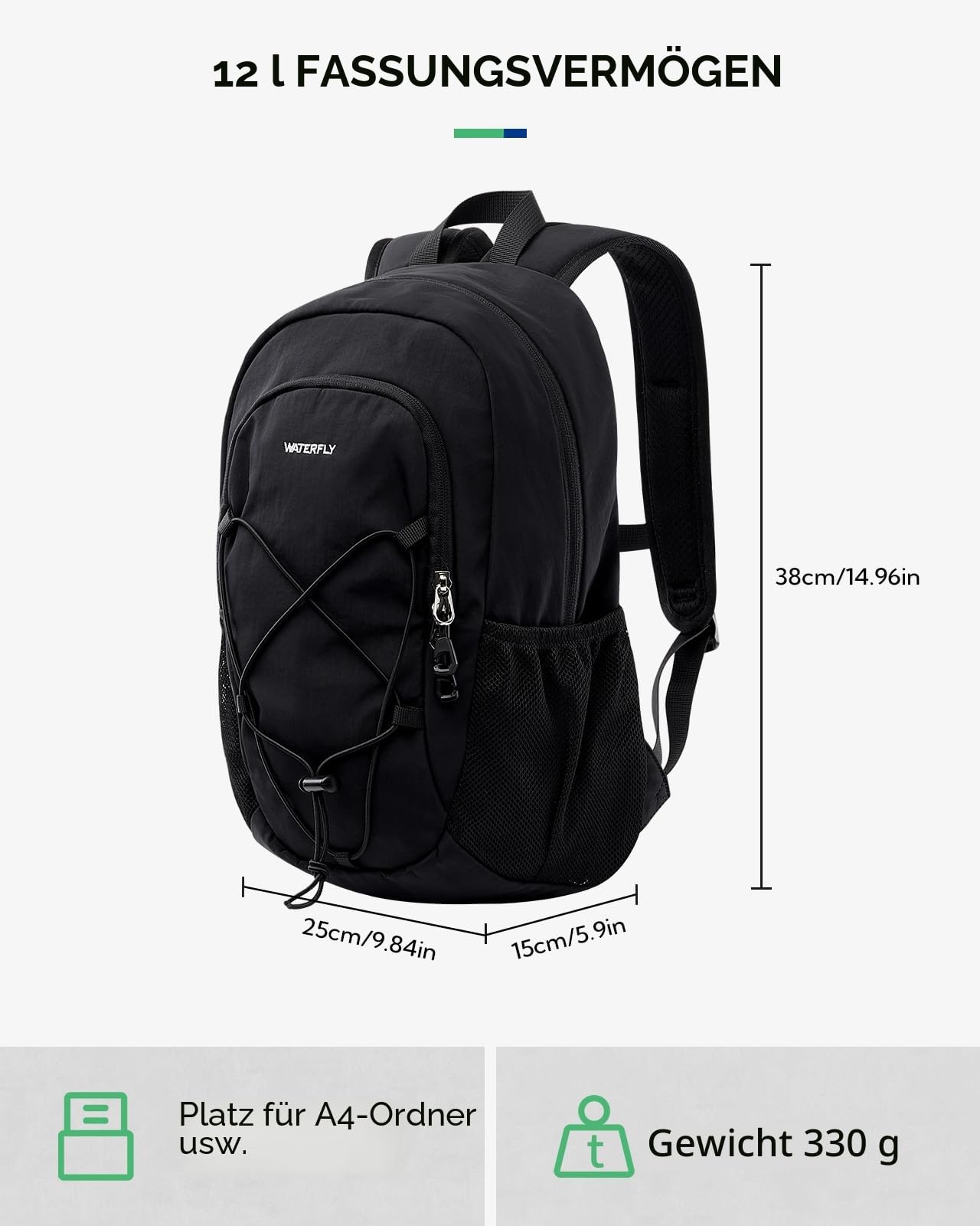 WATERFLY Rucksack Klein Wanderrucksack 12L: Leicht Tagesrucksack Mini Sport Backpack Outdoor Daypack mit Abnehmbare Brustschnalle für Wandern Reisen Camping Fahrrad Herren Damen