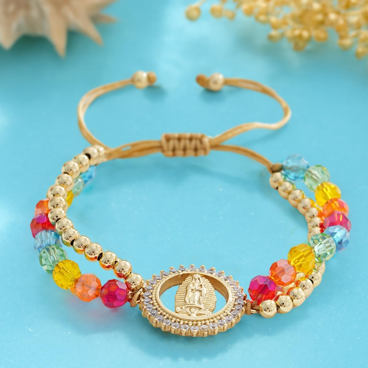 Rainbow Gold Beaded Drawstring Bracelets for Women Dainty White Pendant Friendship Bracelet,Handmade Fashion Charm Jewelry Gifts - Image 4