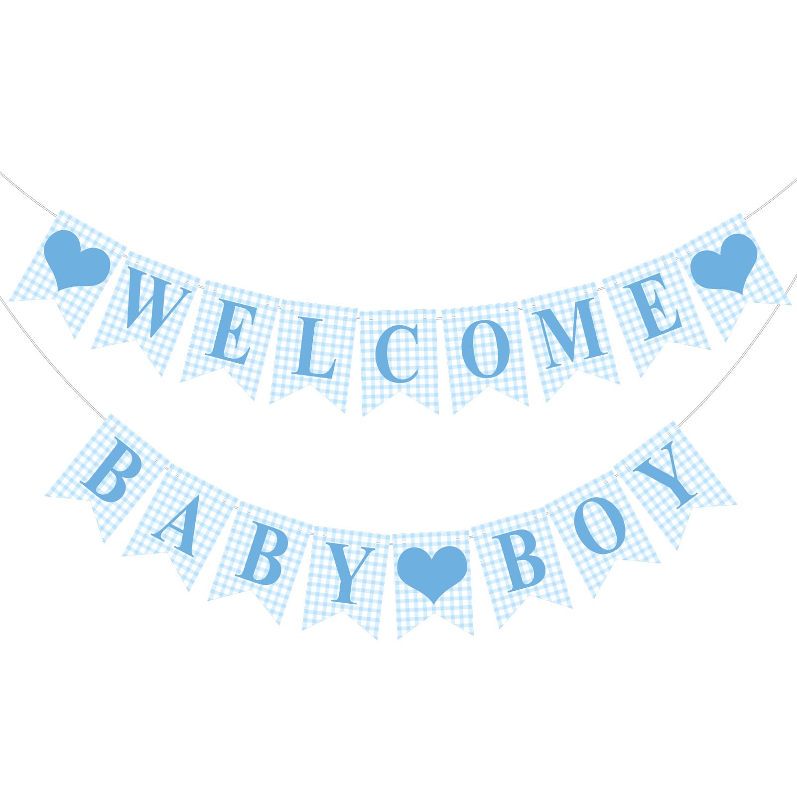 Tazuxetuqe One Piece Blue Gingham Welcome Baby Boy Banner for Baby Shower Decorations, Pre-Strung Gender Reveal Paper Banner for Table, Wall and Mantelpiece