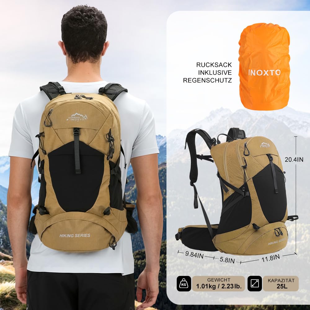 INOXTO Wanderrucksack 25L, mit 3L Wasserbeutel leichter Wanderrucksack mit Regenschutz für Bergsteigen, Wandern, Camping, OutdoorSportarten für Damen und Herren (Khaki, standard)