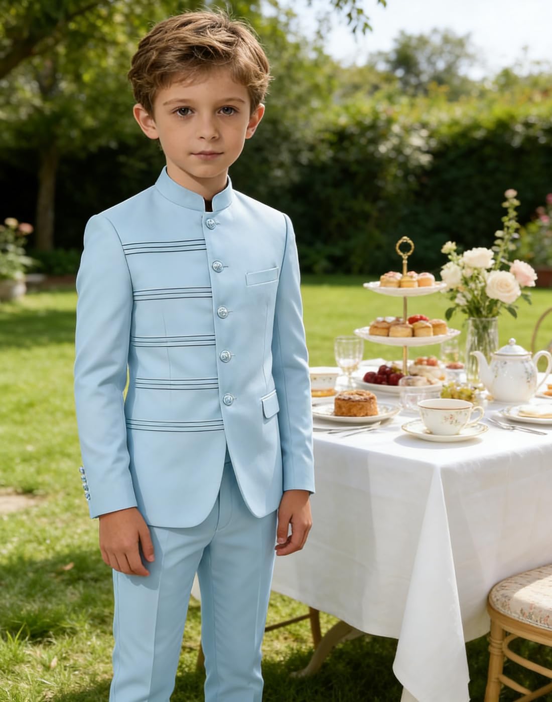 Boy's Chinese Tunic Suits Classic Fit 2 Piece Safri Suits for Kids Solid Mandarin Collar Gold Button Jacket Pants