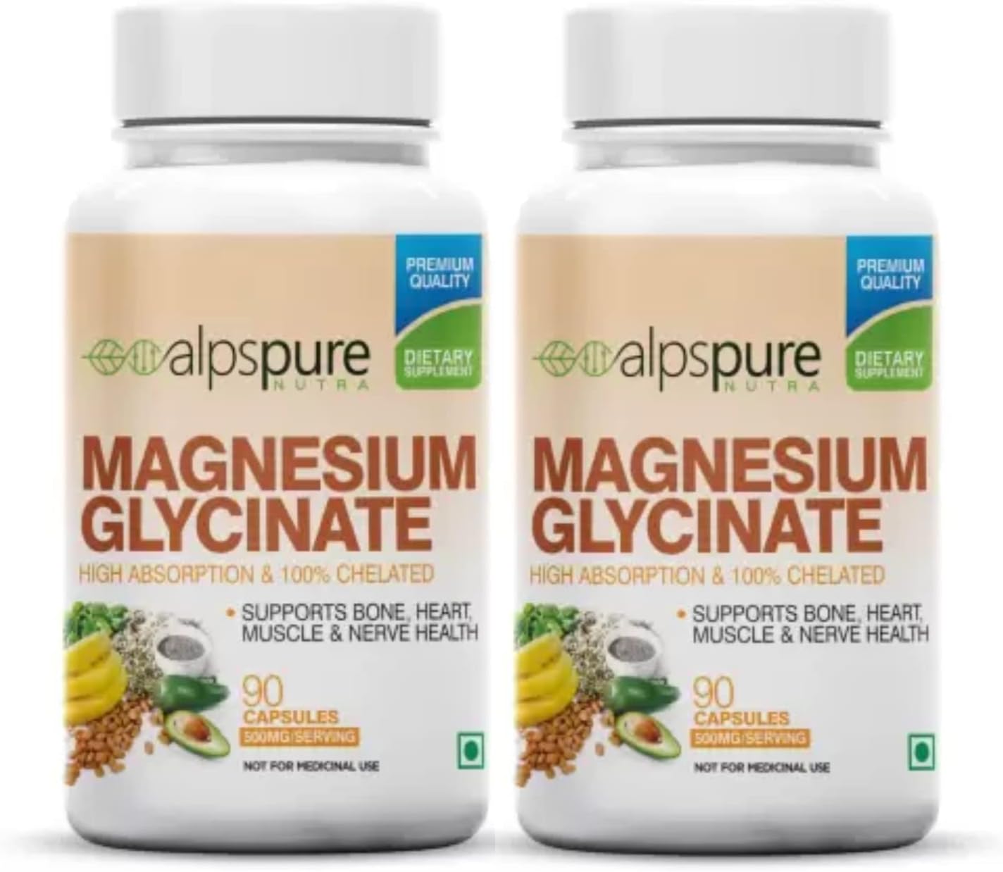 Nutra Magnesium Glycinate | Pack Of 2 (90 Capsules Each) | High Absorption & Chelated Form | Better Sleep Quality | Improves Muscle & Nerve Function | Magnesium Supplement