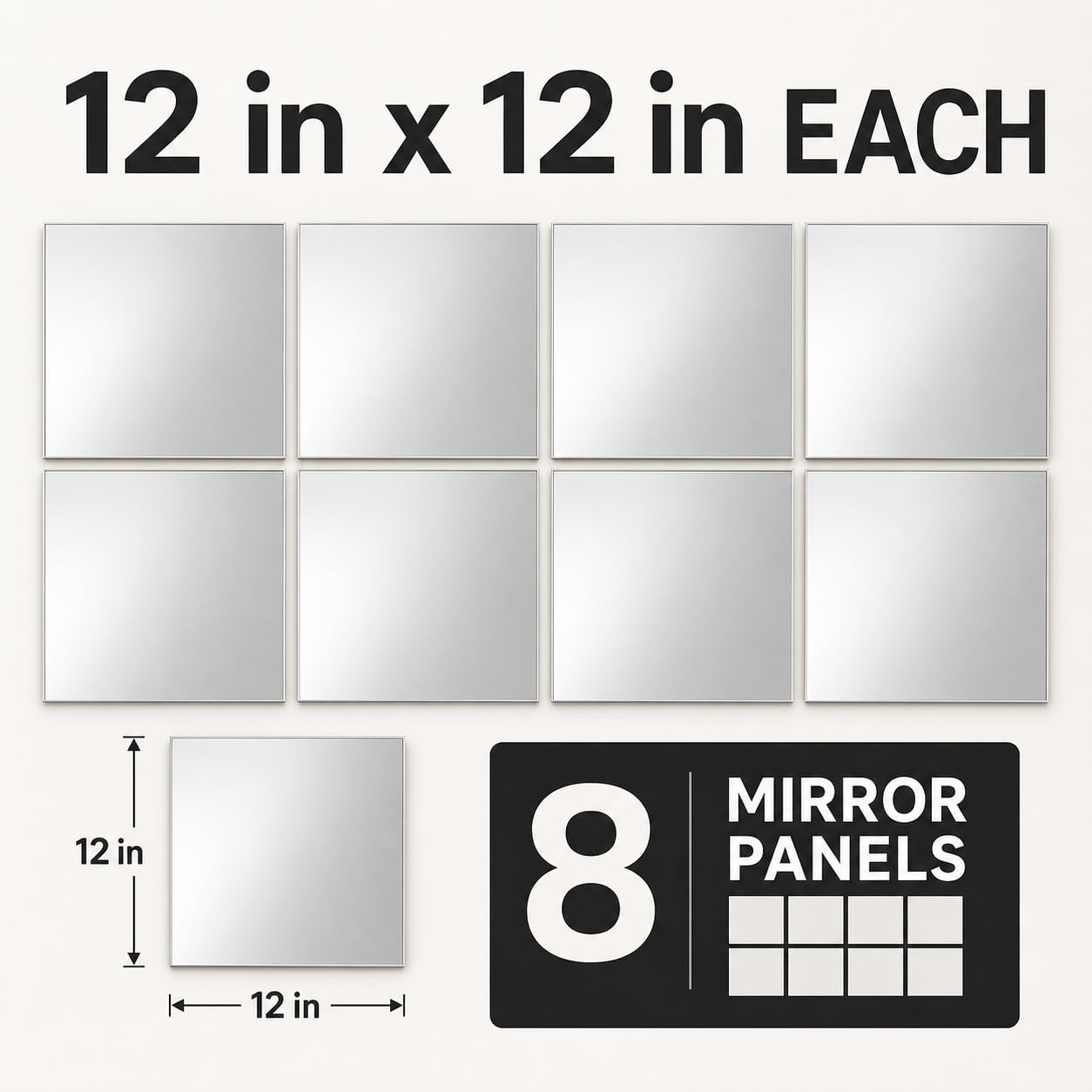 Azulejos de espejo de vidrio para pared de 12 x 12 pulgadas, sin marco, espejo de cuerpo completo montado en la pared, espejos de cuerpo completo para dormitorio, hogar, gimnasio, puerta, baño