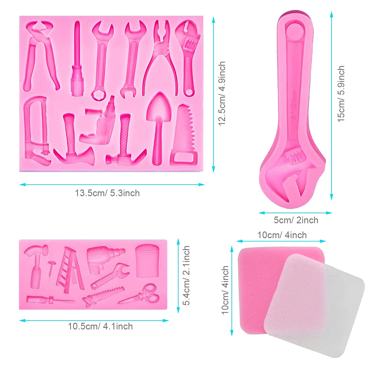 Lot De 4 Moules En Silicone Outils De Construction - Pour Fondant, Chocolat, Savon, Glaçons, Motifs Marteau, Tournevis, Etc.