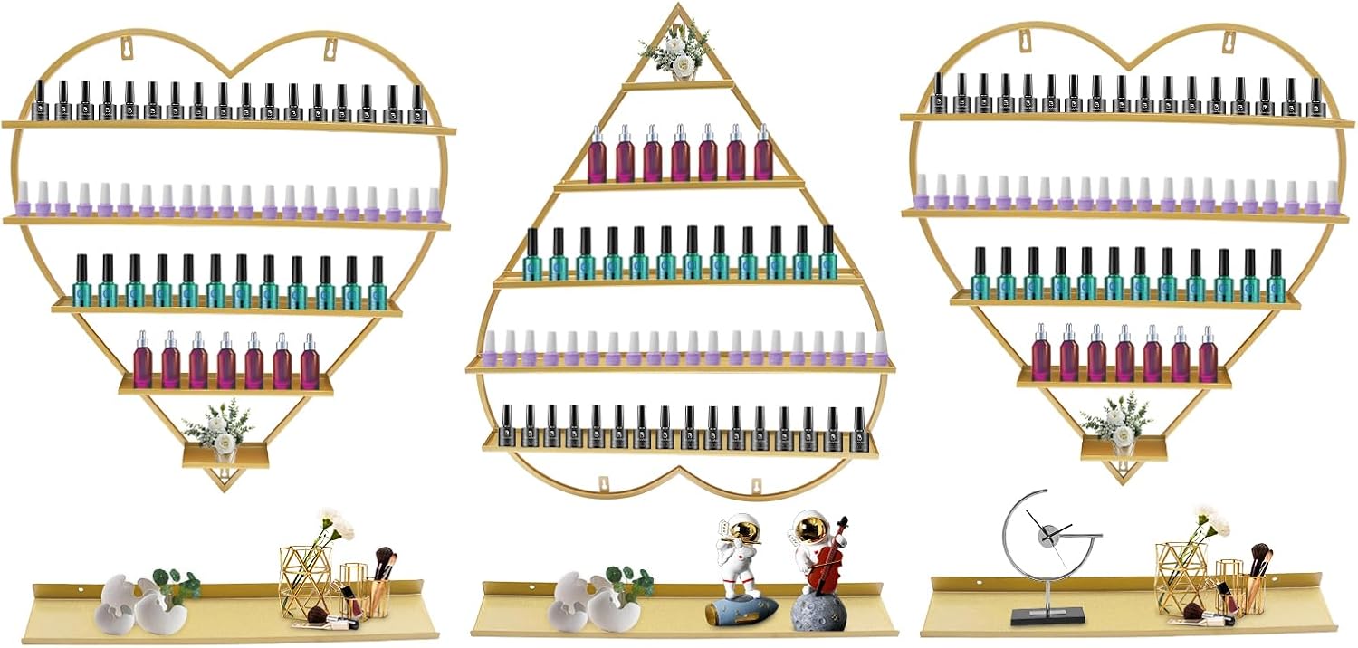 Nail Polish Display Racks 6pcs Metal Solid Color 5 Tiers Nail Polish Shelf Elegant Wall-Mounted Heart-Shaped Perfume Wall Shelf for Lipstick Perfume Nail Polish Essential (Gold)