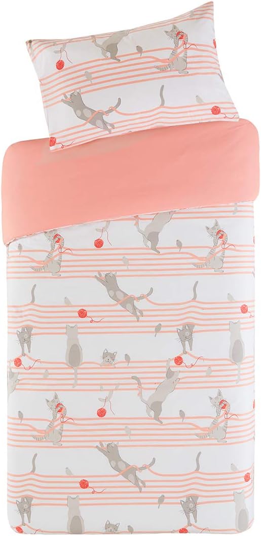 Kitty Cat Printed Duvet Cover Set Cot Bed - White & Pink Kitten Frolicking with a Ball of Yarn Motifs Design - 2 Pcs Ultra Soft Hypoallergenic 100% Cotton Children's Bedding