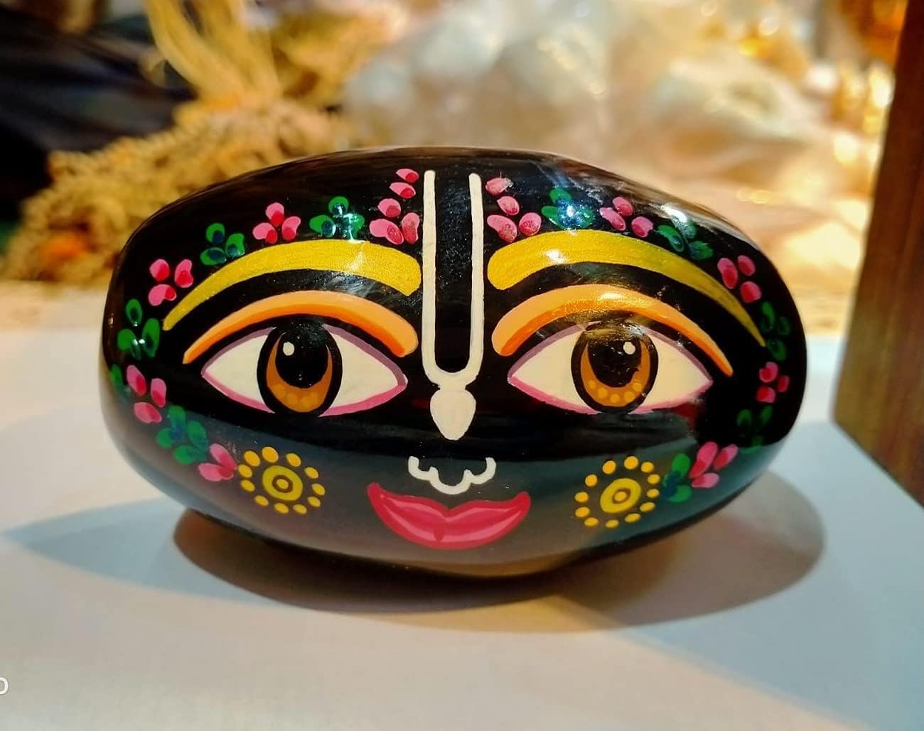 Crown Warriors Natural Painted Shaligram Stone for Pooja Religious (Colored) Painted SHALIGRAM Stone from VRINDAVAN || Fully Hand Printed || Size 2 INCES Approx