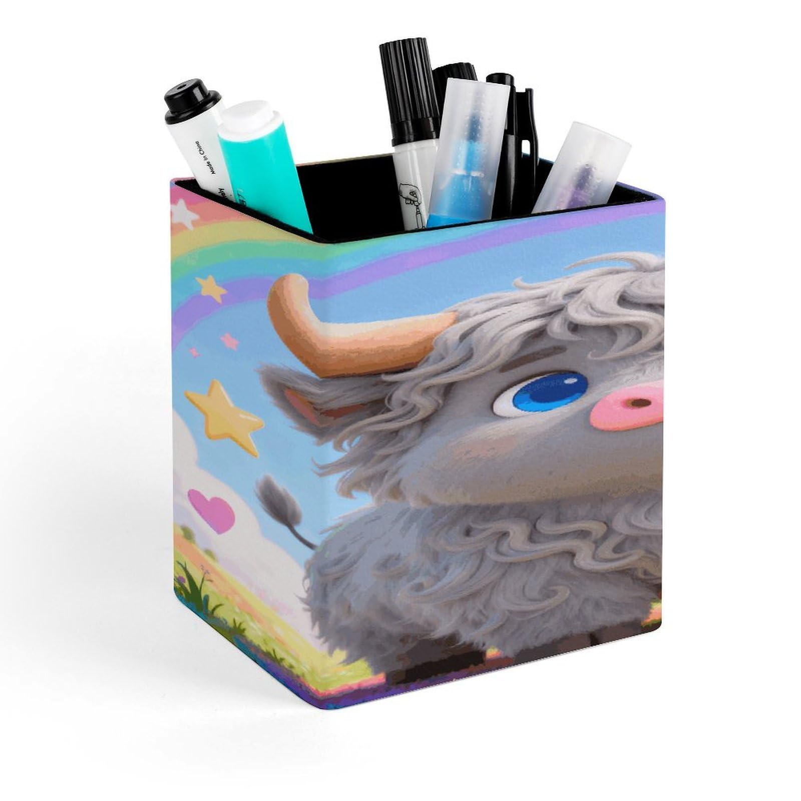 LZQPOEAS Highland Cow Square Pen Pencil Holder PU Leather Pencil Cup Desktop Stationery Organizer Office Accessories Container