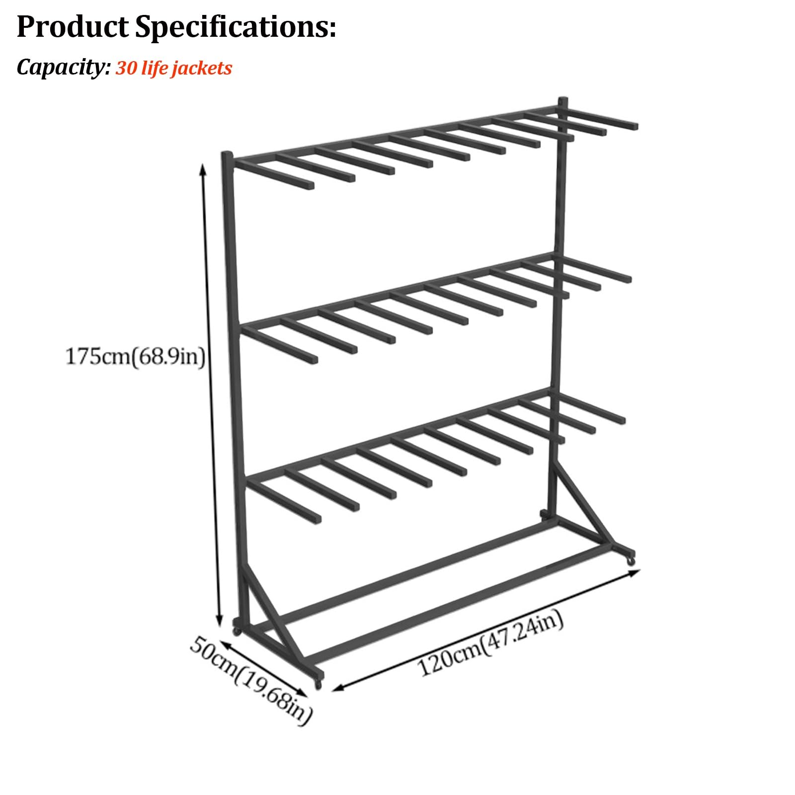 Soporte y Colgador para Chalecos Salvavidas y de flotabilidad, Organizador móvil con Ruedas para Accesorios de Piscina y Muelle (Estructura metálica de Secado)(3-Tier)