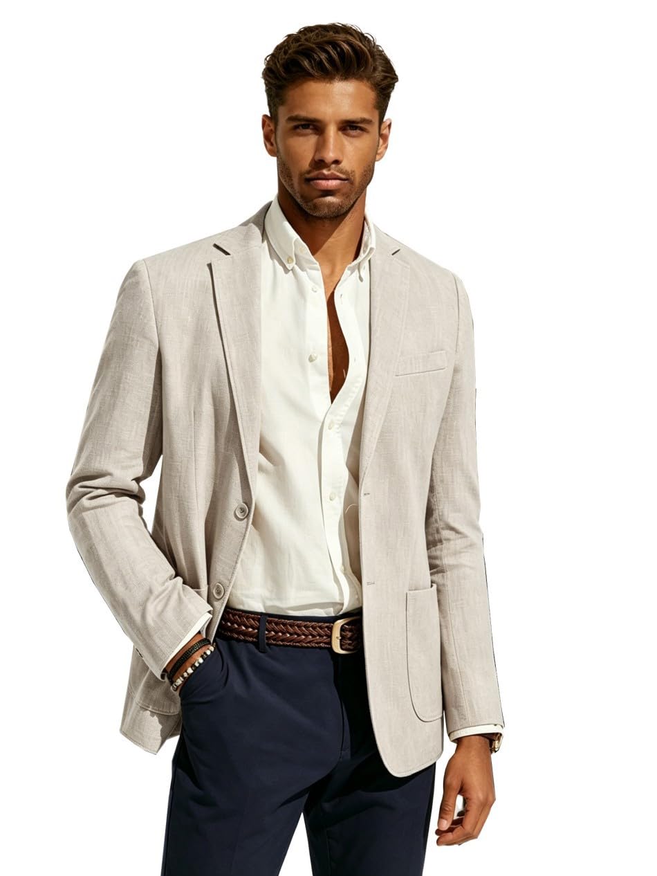 Blazer décontracté pour homme en lin léger avec doublure à 2 boutons