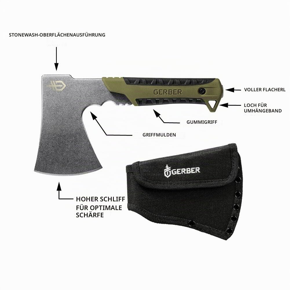 Gerber Camping- und Outdoor-Beil, Pack Hatchet Flat Sage, Mit Holster, Länge: 24 cm, Gewicht: 590 g, 31-003482