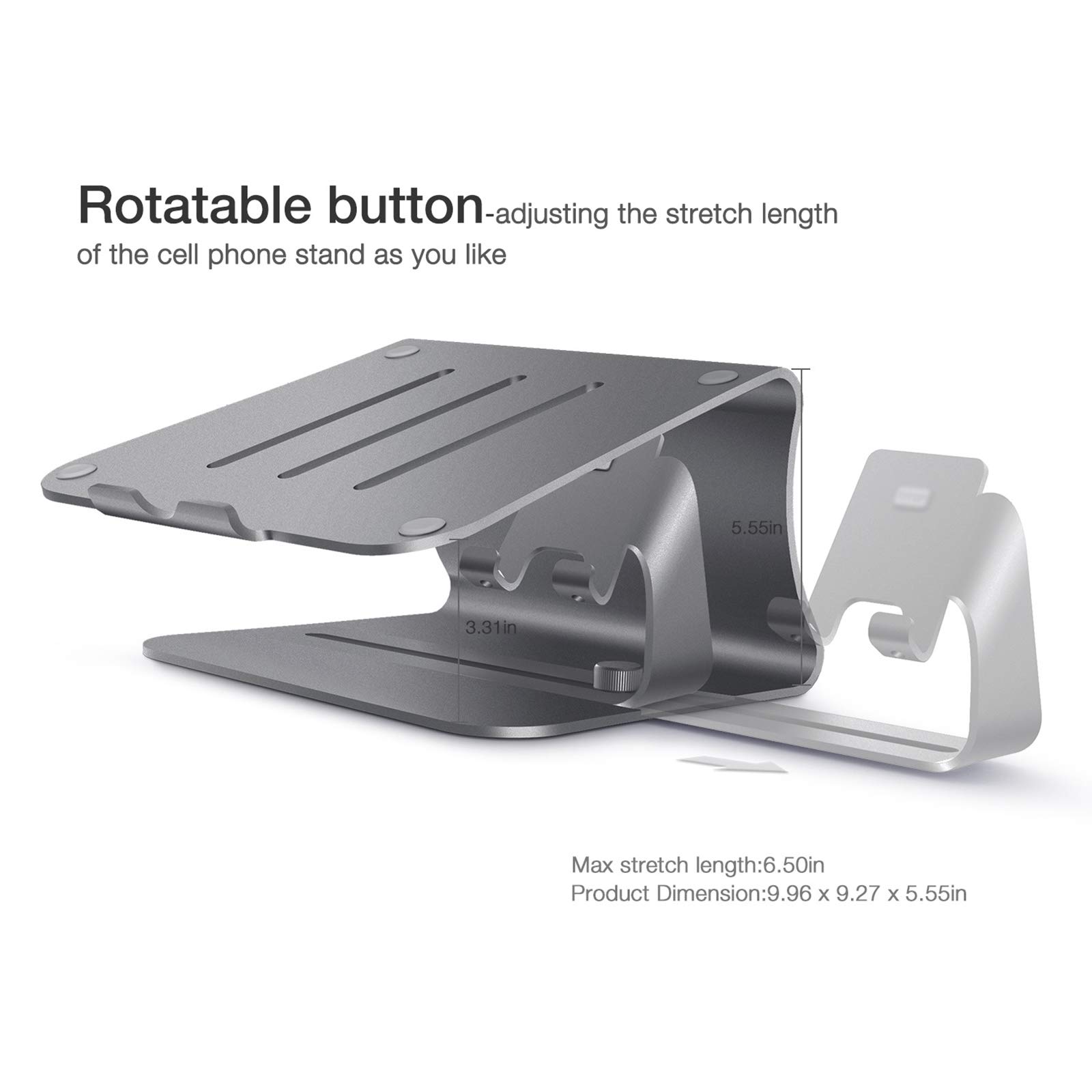 AIZYR Soporte Ergonómico para Portátil, Elevador para Portátil Bandeja De Soporte para Portátil con Soporte para Teléfono Y Ventilación Térmica para Todos Los Portátiles,Gris