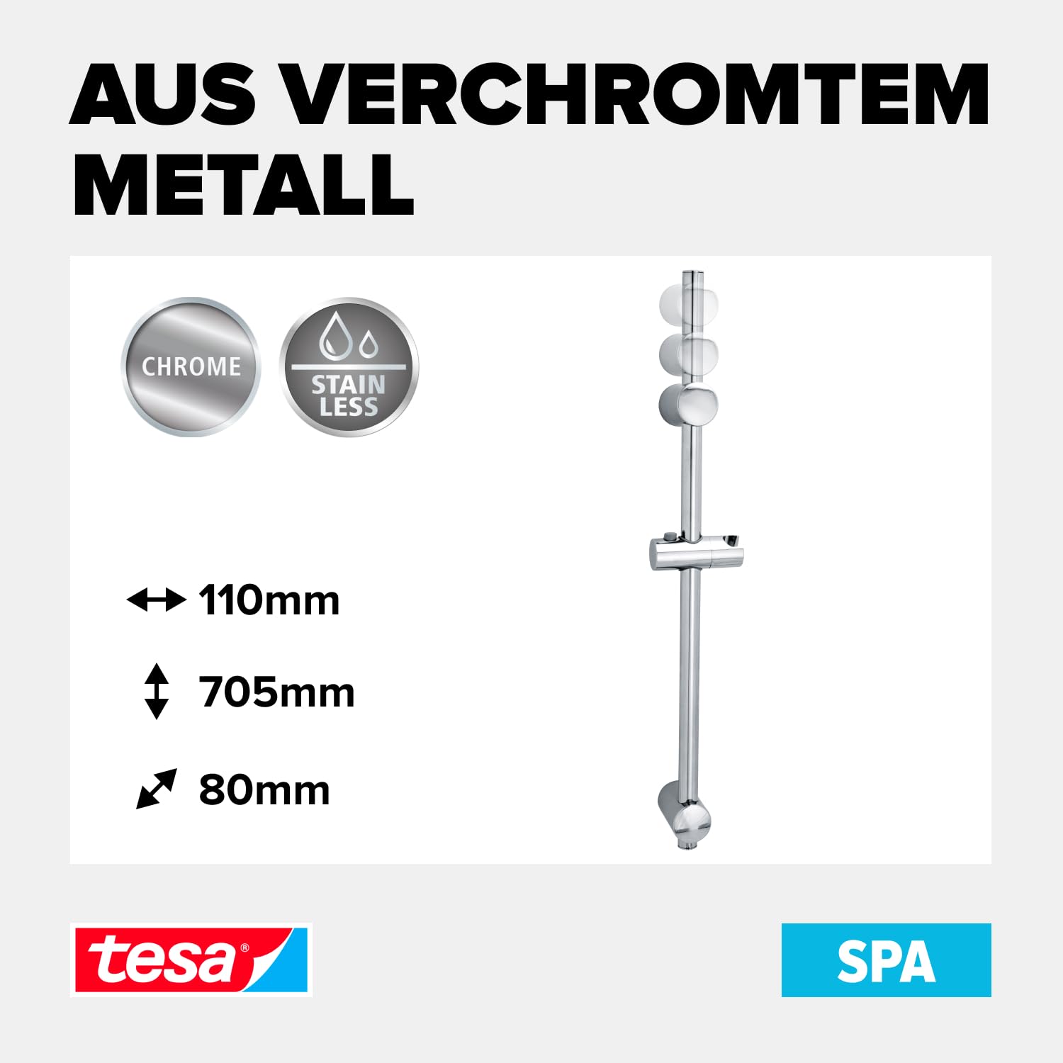 tesa SPAA Duschstange, verchromt, Duschkopfhalter höhenverstellbar, inkl. Klebelösung, Länge der Stange: 705mm