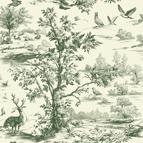 Livelynine Nature Landscape Wallpaper Peel and Stick Antique Vintage Green French Country Toile Wallpaper Removable Deer Tree and Bird Natural Countryside Nature Contact Paper Self Adhesive 17.5x78.8