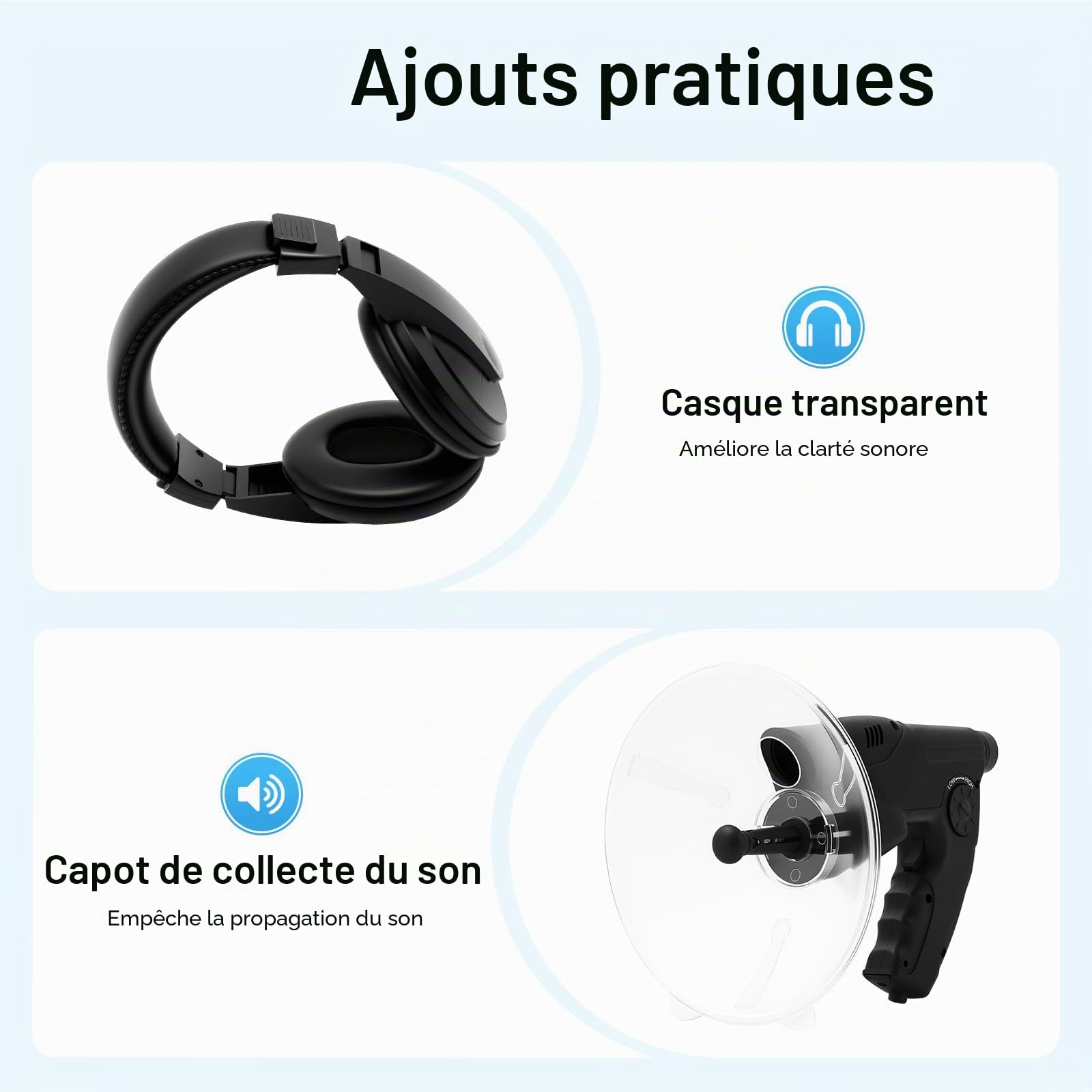 Microphone directionnel - Microphone parabolique - Appareil d'écoute 200 m - Détective - Avec casque, jumelles grossissement 8X - Amplificateur sonore pour observation des oiseaux, enregistrement et