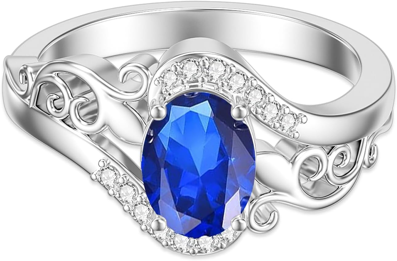 1.5Ct Oval Cut Birthstone with Moissanite Personazlized Name Ring 925 Sterling Silver Birthstone with Filigree Anniversary Engagement Ring for Women Gifts Size 5-12