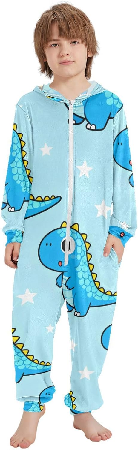 Cute Cartoon Blue DinosaurUnisex Onesie PajamasSoft Cozy Hooded Christmas Costumefor Parties Sleepovers