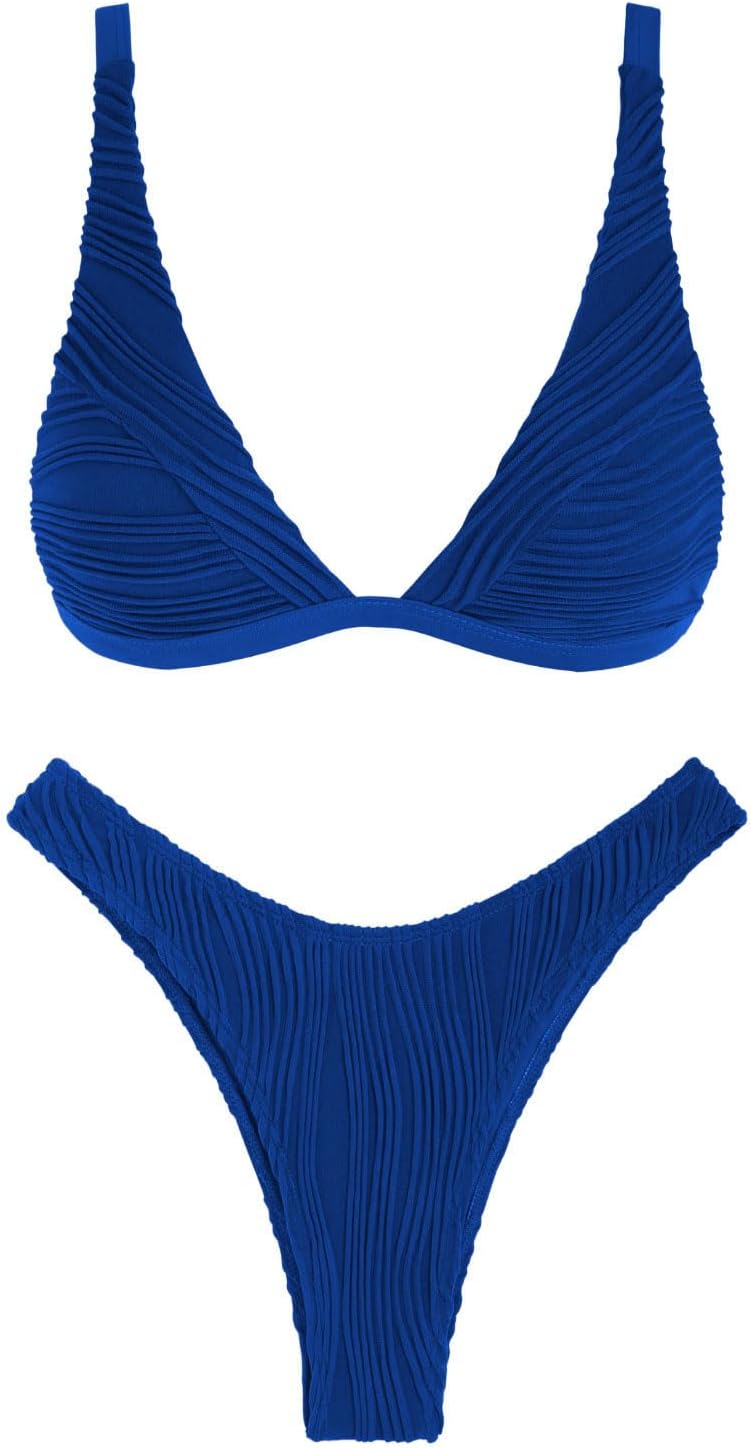 ZAFUL Bikini Sets for Women Triangle Textured Plunging High Cut Cheeky Bikini Swimsuits Two Piece Bathing Suits 1-royal Blue Medium