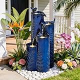 Ultym 32' Outdoor Water Fountain, Ceramic Outdoor Fountain, Stacked 4-Tier Vase Waterfalls for Garden, Patio, Yard, or Porch Decor, Creating Relaxing Serene Oasis, Embossed Leaf Pattern, Cobalt Blue
