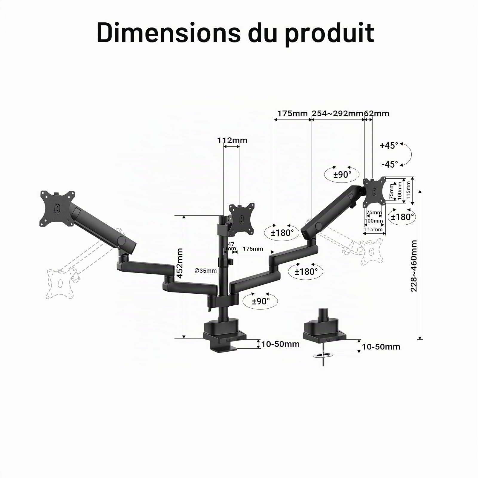 Wiltec Support TV Triple pour 3 Écrans 17"-27" – Fixation sur Bureau orientable +45°-45° et inclinable +90°-90° – capacité de Charge 9 kg – Support télé